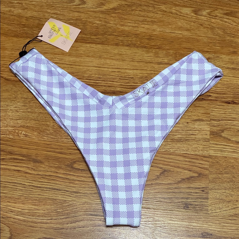 NWT Skatie Purple and White Gingham High Waisted Swim Bottoms Size Large